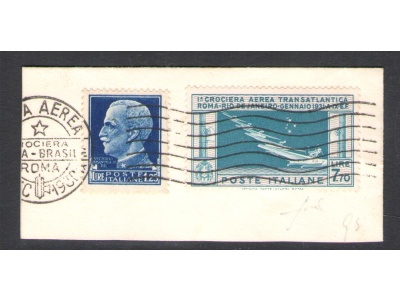 1930 Regno d'Italia , Crociera Transatlantica del Generale Balbo, 7,70 celeste chiaro n. 25 - Usato con annullo ufficiale su frammento