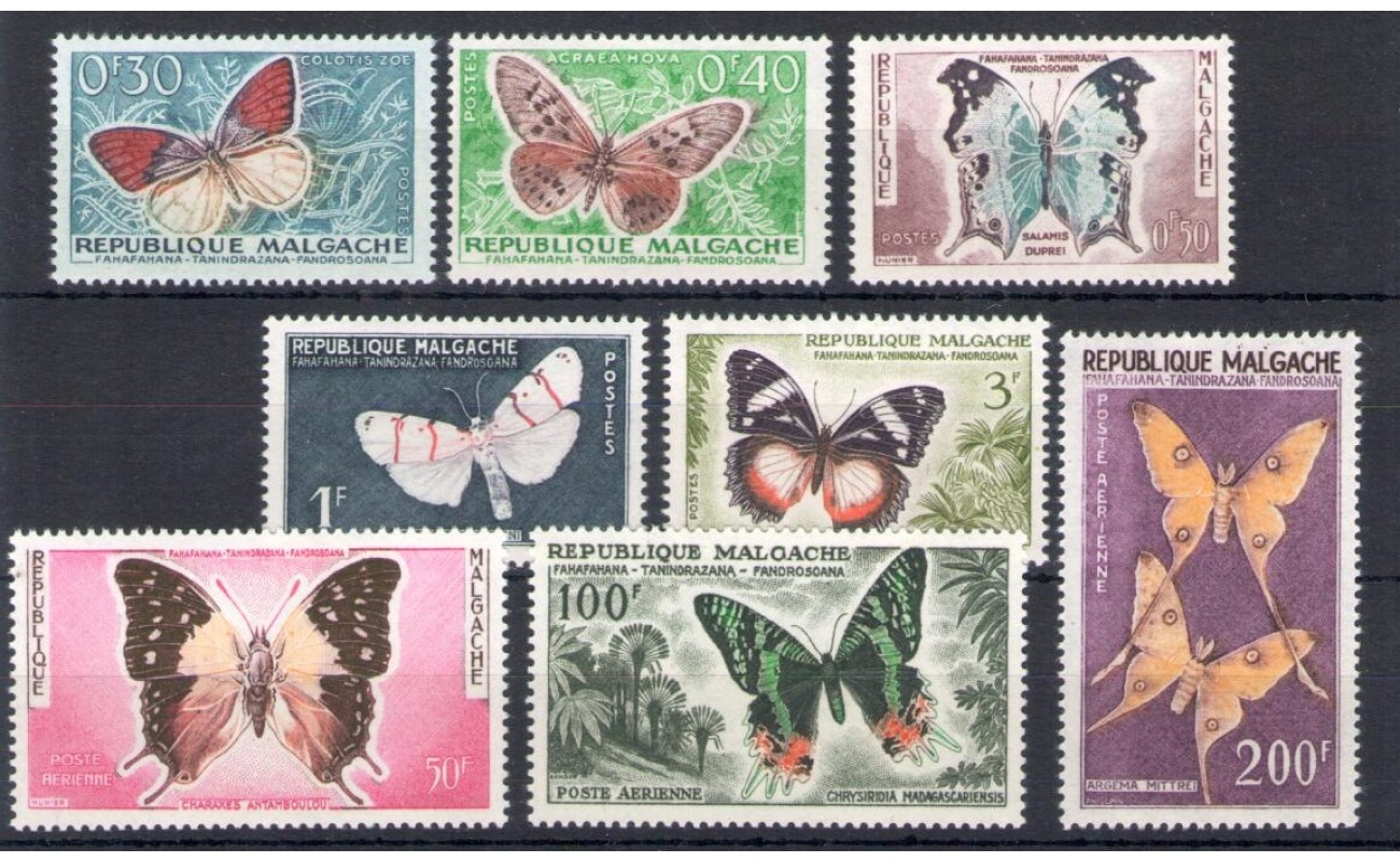 1960 Republique Malgache - Catalogo Yvert n. 341/44 + Posta Aerea 80/82 - Farfalle - 8 valori - MNH**