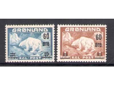 1956 Groenlandia , Francobolli n. 8-9 soprastampati , Catalogo Unificato n. 28-29 , 2 valori , MNH**