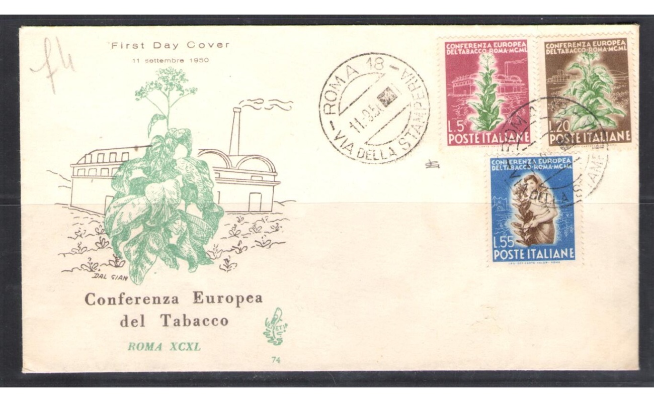1950 Italia - Repubblica - Tabacco n. 629/31 - fdc venetia n. 74 - Non viaggiata e senza timbro d'arrivo - Usata