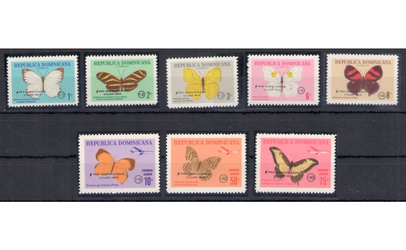 1966 Repubblica Dominicana - Catalogo Yvert n. 643/47 + Posta Aerea 187/89 - Farfalle - Soprastampa Vittime Ciclone Ines - 8 valori - MNH**