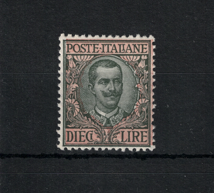 1910 Italia - Regno, n. 91 , 10 Lire oliva e rosa , tipo Floreale - MNH**