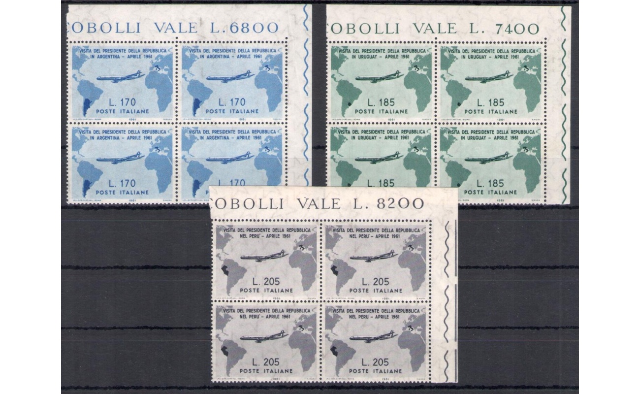 1961 Italia - Repubblica  , Visita del Presidente Gronchi in Sud America , 3 valori , n. 918/20 , MNH** - Blocco di Quattro Angolo di Foglio