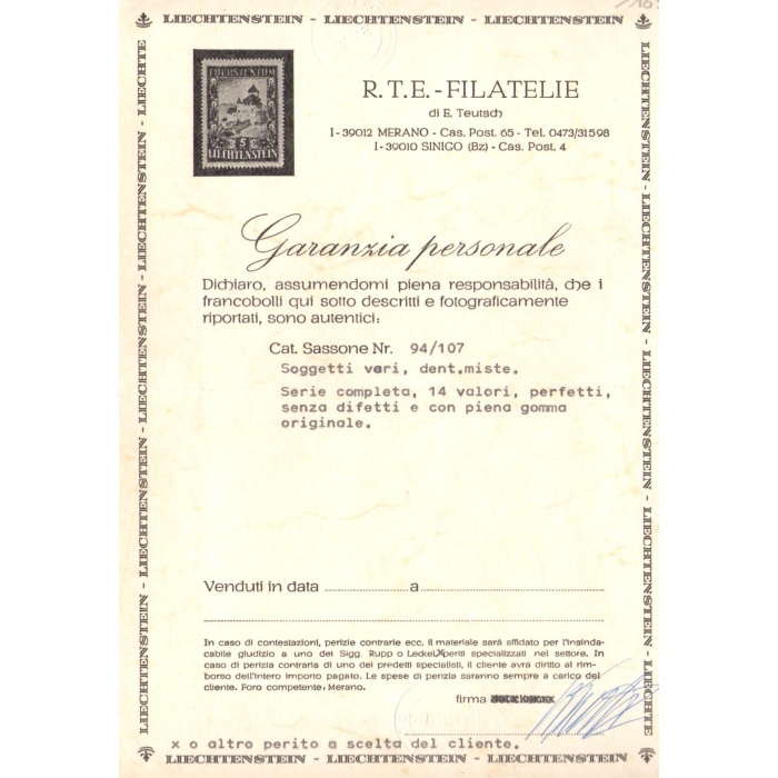 1930 Liechtenstein, n. 94-107 , Vedute Diverse - Castelli e Vedute e Principi , 14 valori , dentellature miste - NMH**
