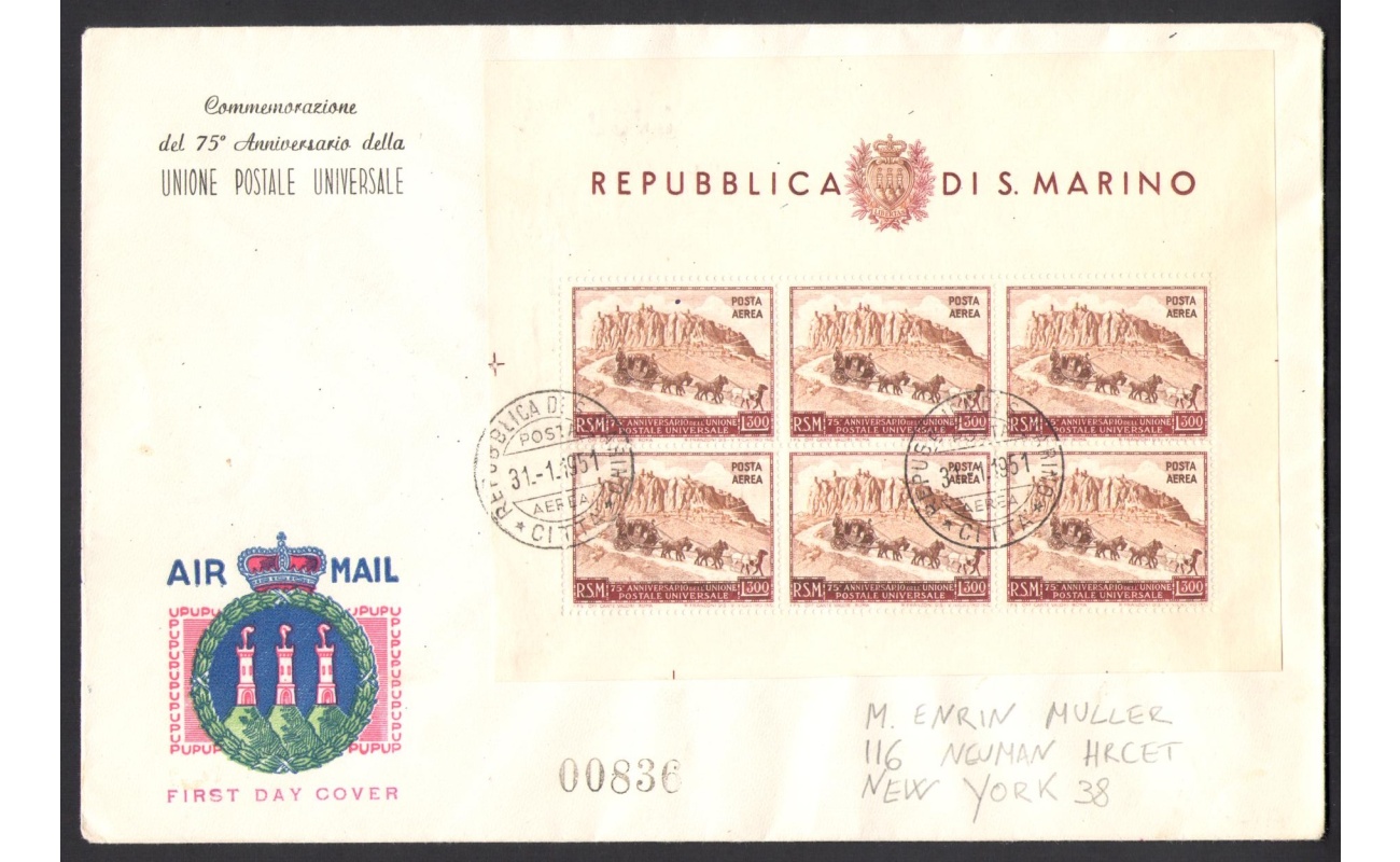 1951 San Marino, Foglietto Veduta n. 10, da San Marino per New York - FDC