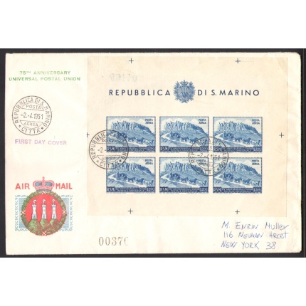1951 San Marino, Foglietto Veduta n. 11, da San Marino per New York - FDC