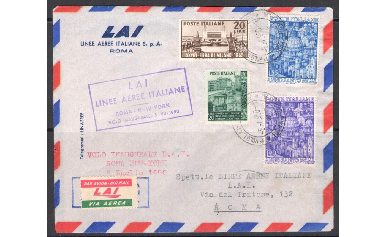 1950 Italia - Repubblica - Lai - Primo Volo inaugurale Roma New York - Usata