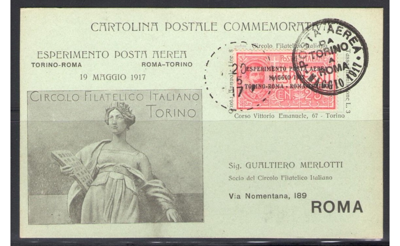 1917 Italia Regno - Cartolina Postale - Volo Torino - Roma e ritorno - Usato