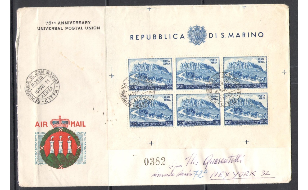 1951 San Marino, Foglietto Veduta n. 9, da San Marino per New York - FDC