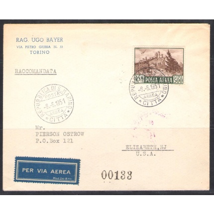 1951 San Marino , Posta Aerea n. 97 - Raccomandata per gli Stati Uniti