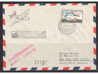 1951 SAN MARINO,  Posta Aerea n. 99 -1.000 Lire bruno e celeste - FDC - New York