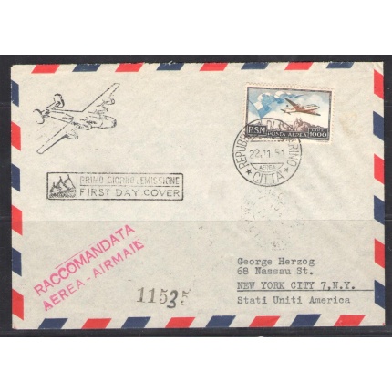 1951 SAN MARINO,  Posta Aerea n. 99 -1.000 Lire bruno e celeste - FDC - New York