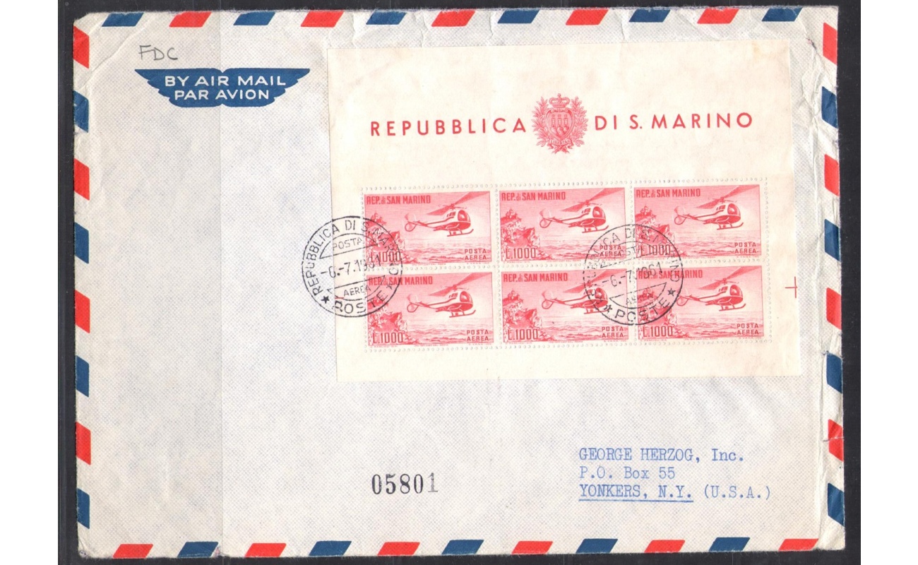 1961 SAN MARINO, Posta Aerea Foglietto 1.000 Lire Elicottero, per Stati Uniti