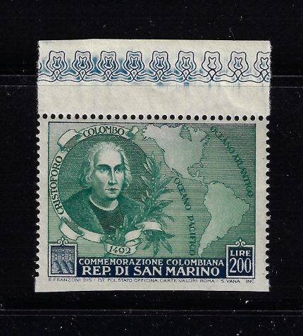 1952 San Marino, Colombo 200 Lire non dentellato min basso, MNH** (Piegato)