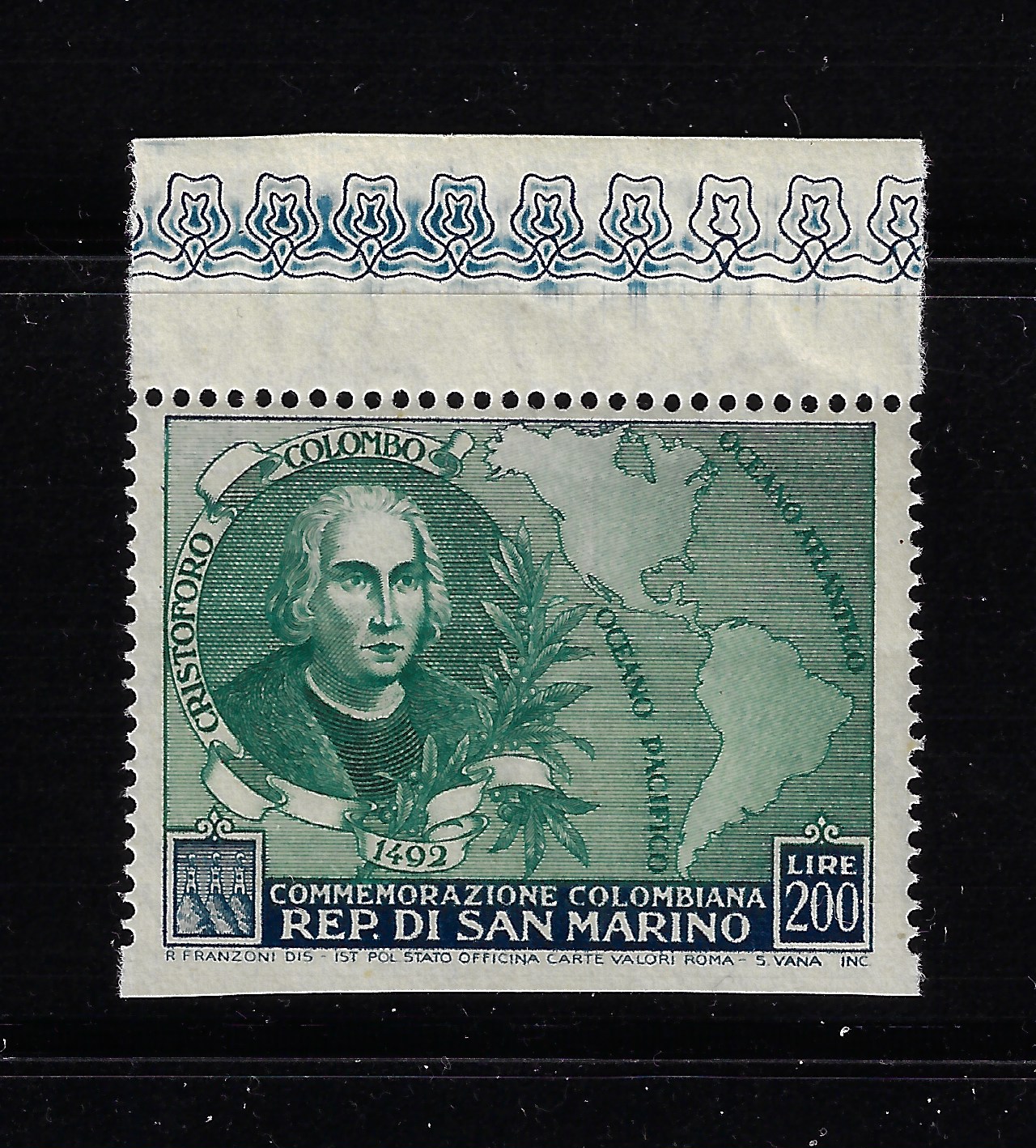 1952 RSm id 73996 1952 San Marino, Colombo 200 Lire non dentellato min basso, MNH** (Piegato) - immagine 1