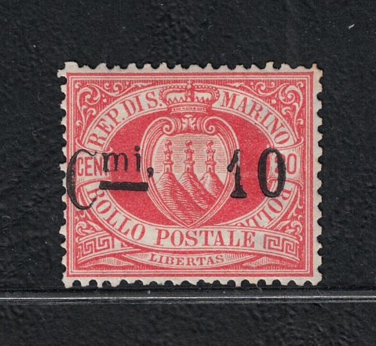 1892 SAN MARINO, n. 10p, 10 cent su 20 cent rosso, Varietà virgola, MNH**