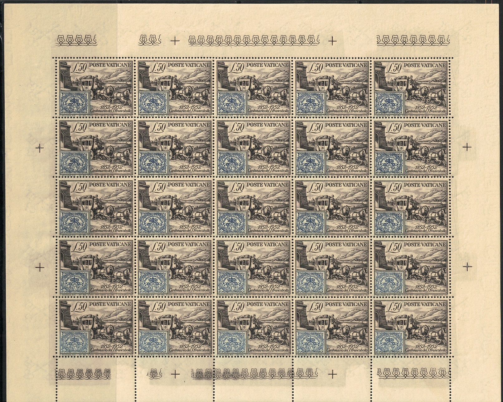 155 1952 Vaticano, Primi francobolli Stato Pontificio # 155, foglio completo, MNH** - immagine 1