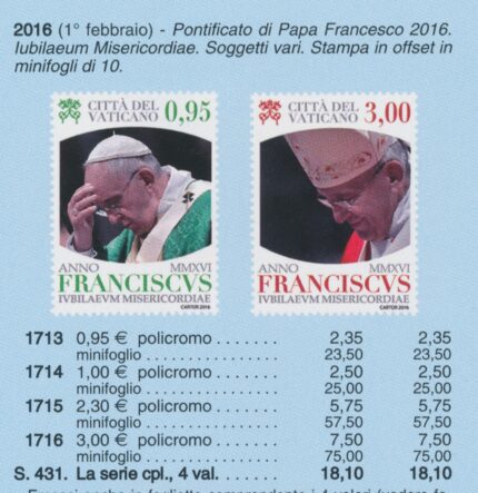 2016 Vaticano, Quarto Anno del Pontificato di Papa Francesco # 1713/16, MNH**