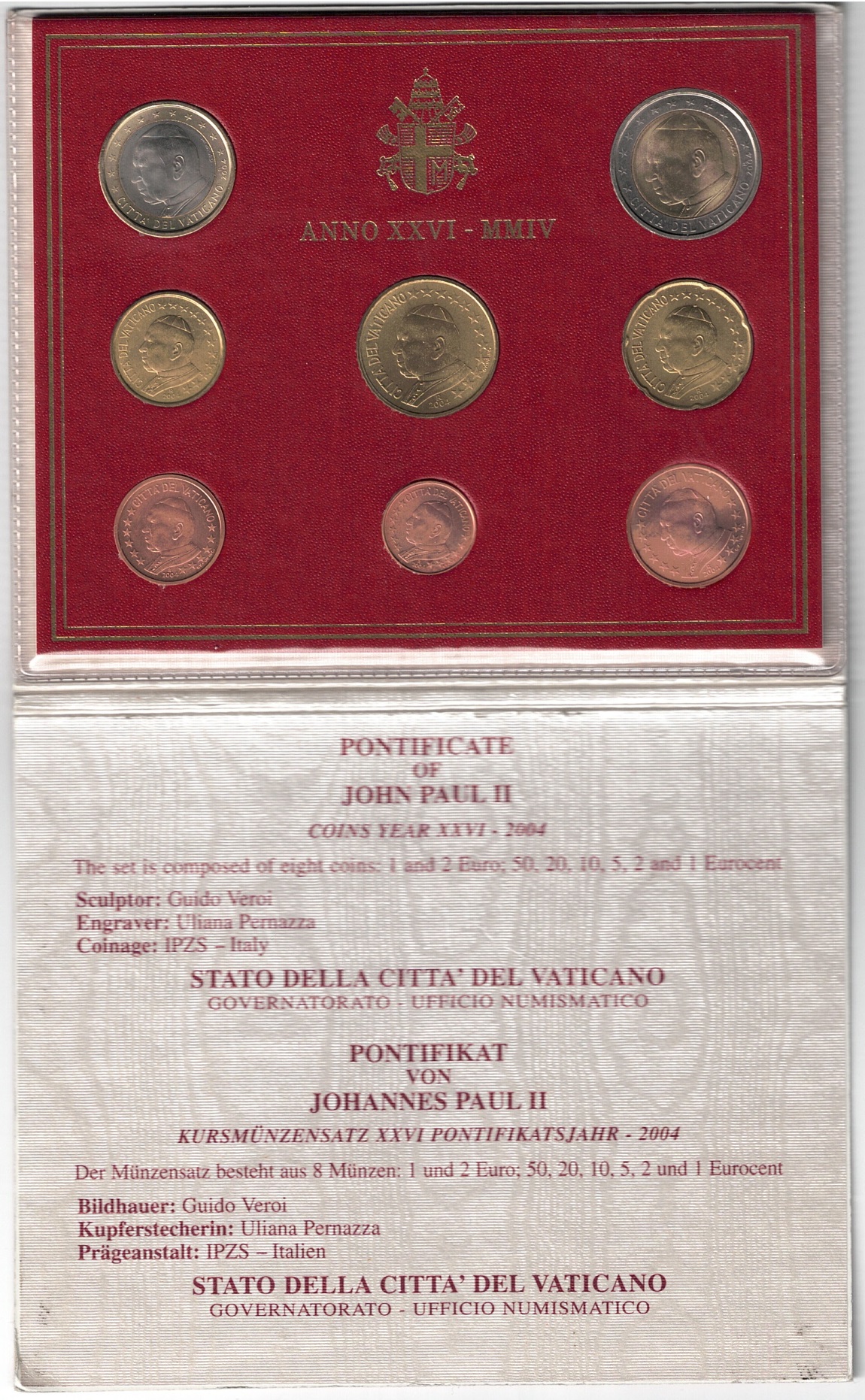 2004 Vaticano, Annata completa, monete in serie ufficiale, FDC