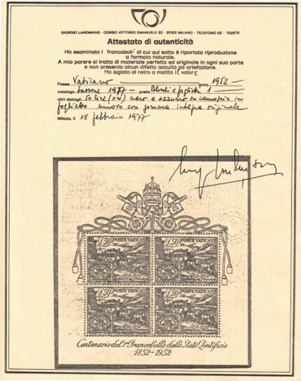 1952 Vaticano, Foglietto Centenario Primi Francobolli, BF 1, MNH**