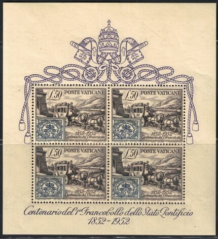 1952 Vaticano, Foglietto Centenario Primi Francobolli, BF 1, MNH**