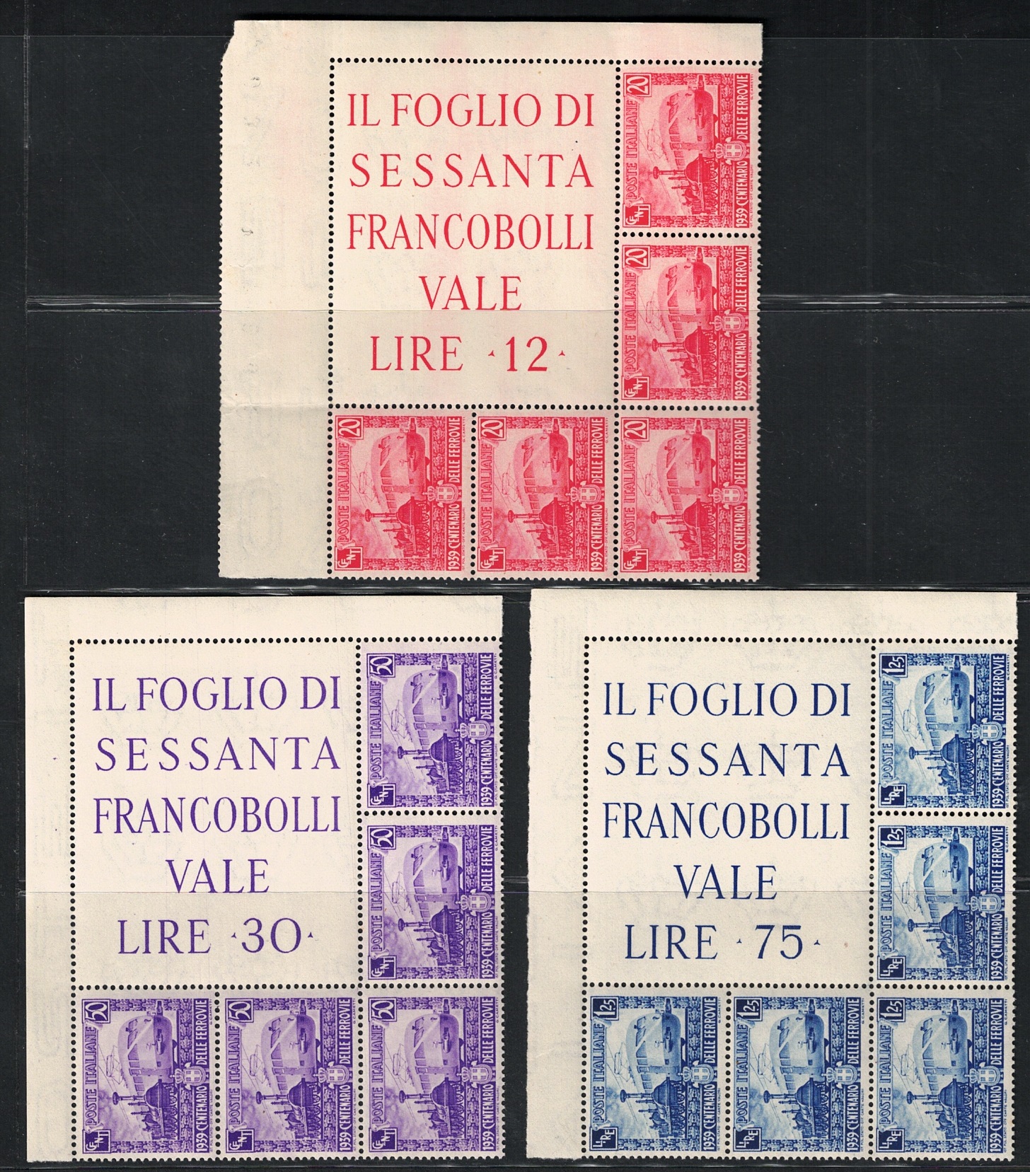 11-13 1939 Italia, Regno, Blocco Angolare Ferrovie # 11/13, MNH** - immagine 1