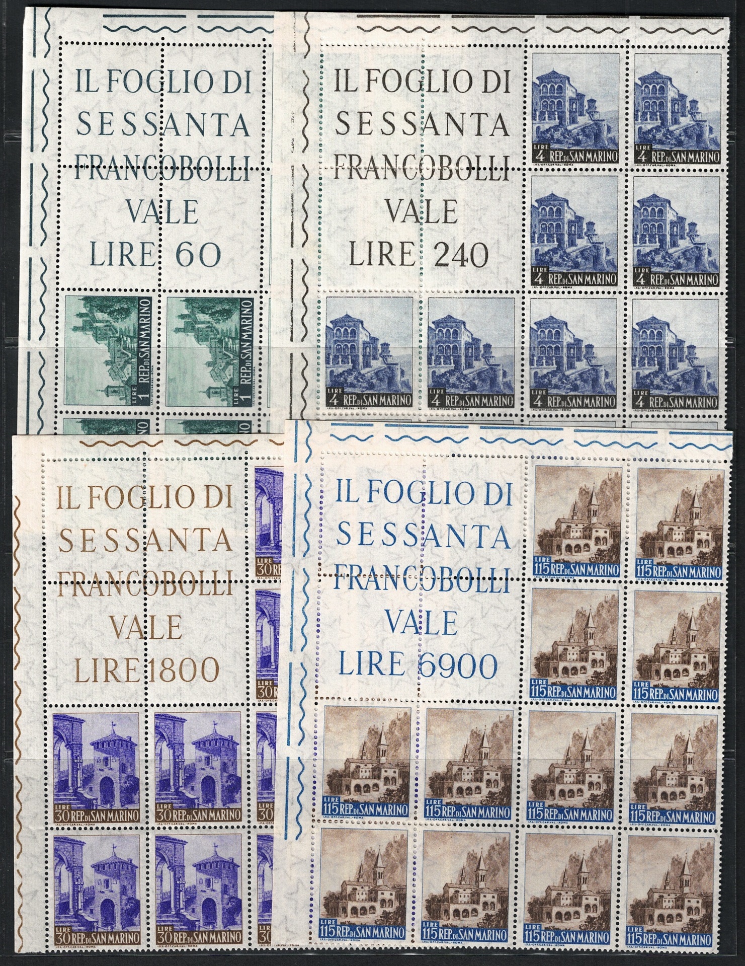 36-39 1961 San Marino, Blocco Angolare di 12, Vedute # 36/39, nuovo, MNH** - immagine 1