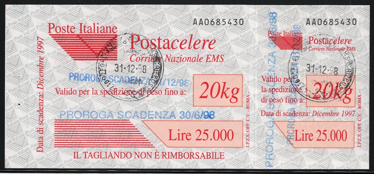 3ca 1997 Italia, # 3Ca Varietà , Servizio Postacelere Senza Croce Perforata, Usato - immagine 1