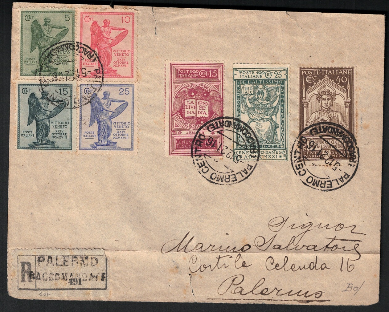 119 1921 Italia, #116/18 + 119/22 Vittoria+Dante, Raccomandata, Usata - immagine 1