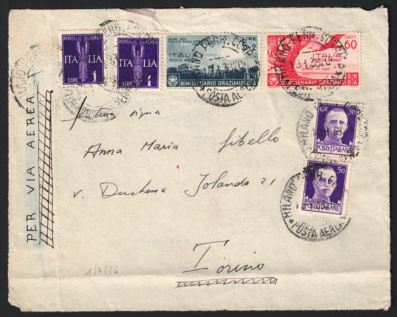 398 1936 Italia, Posta Aerea Orazio 5 lire + 2 + 60 cent, Frontespizio, Usata - immagine 1