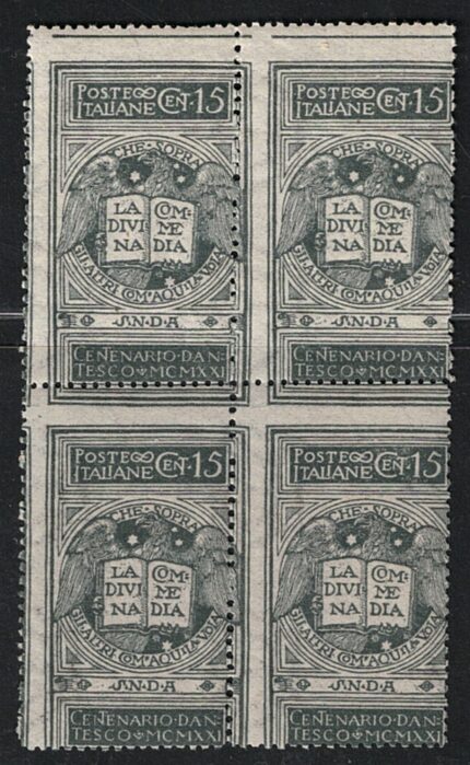 1921 Italia, Dante 15 cent grigio, non emesso, # 116A, Blocco di quattro, MNH**