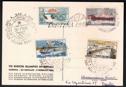 1956 Italia, Cartolina Ufficiale VII Giochi Invernali Cortina e serie n.793/6