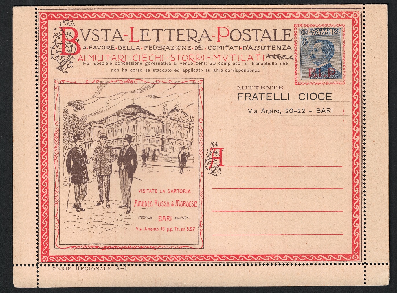 3 blp 1921 Italia, Regno, 25 cent azzurro soprastampa rossa I tipo, # 3 su busta BLP - immagine 1