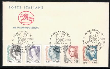1999 Italia, Donna nell'Arte,Serie Ordinaria Lire Euro # 2429/33, Usata