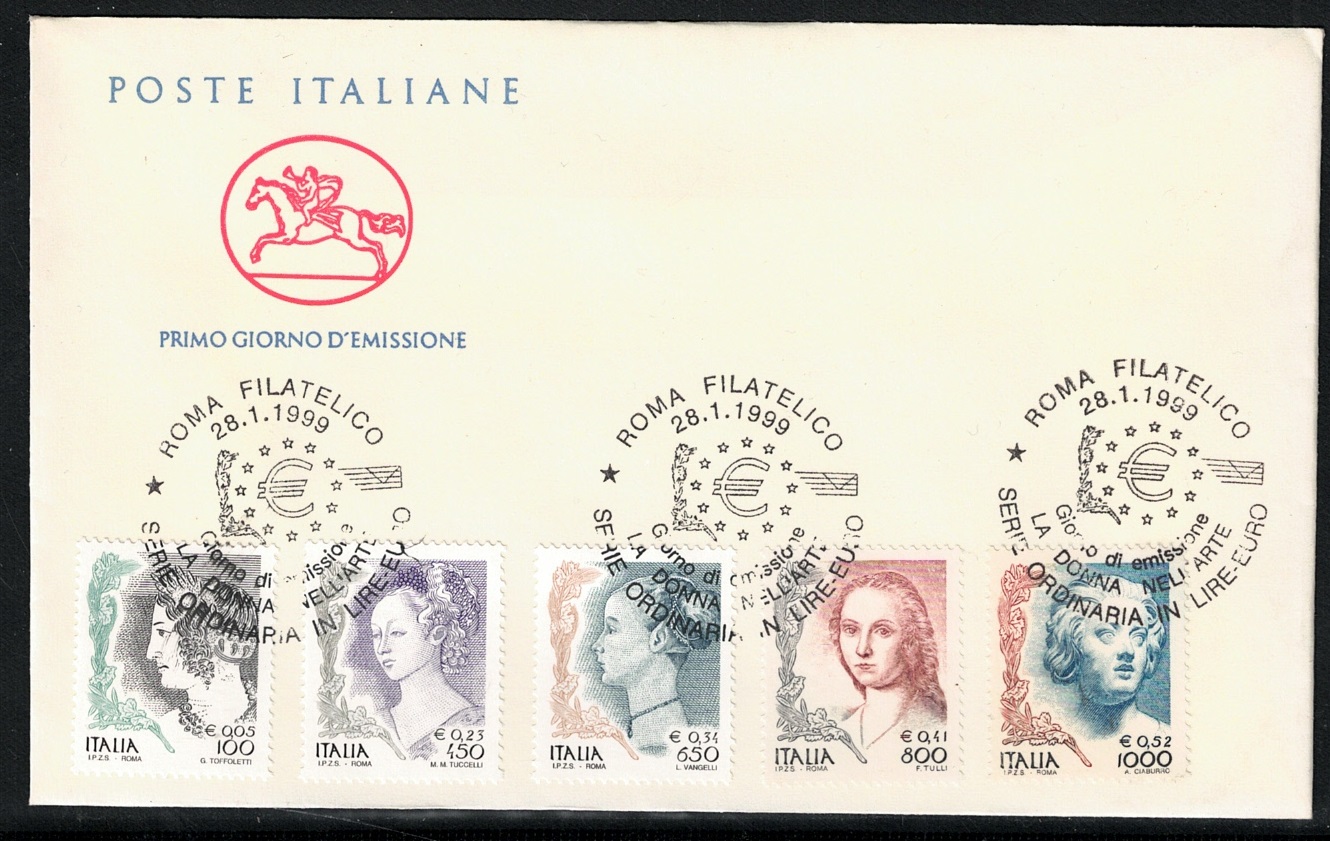 2429 1999 Italia, Donna nell'Arte,Serie Ordinaria Lire Euro # 2429/33, Usata - immagine 1