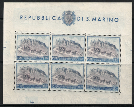 1949 San Marino, 100 Lire celeste, Foglietto Anniversario UPU # 8, MNH**
