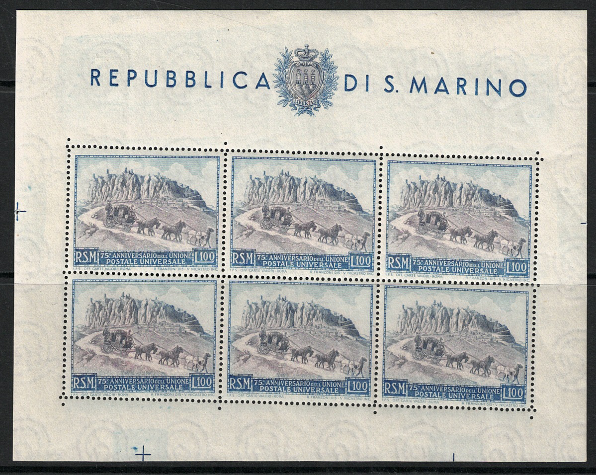 19 1949 San Marino, 100 Lire celeste, Foglietto Anniversario UPU # 8, MNH** - immagine 1
