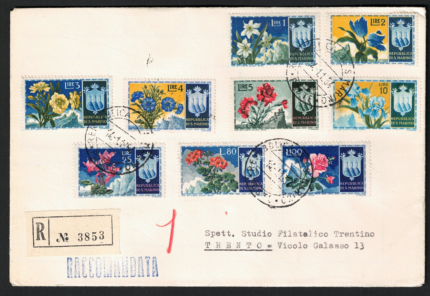 1953 SAN MARINO, # 400-408, Fiori, 9 valori su Busta Raccomandata