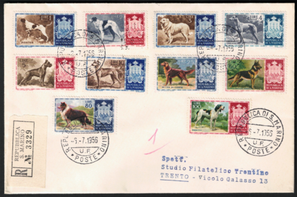 1956 SAN MARINO, n. 439/448, Cani di razza, 10 valori su Busta Raccomandata
