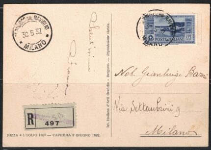 1932 Italia, Lire 1,75 + 25 cent Garibaldi, Raccomandata, Cartolina per Milano