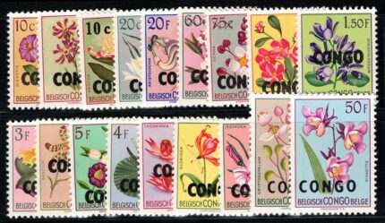 1952-59 Congo Belga, # 382-399, Fiori soprastampati Congo, MNH**