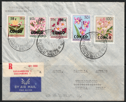 1952-59 Congo Belga, # 395-399, Fiori soprastampati Congo, su busta FDC