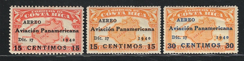 44k 1940 Costa Rica, Posta Aerea Soprastampati Yvert # 44K-45-46, MH* - immagine 1