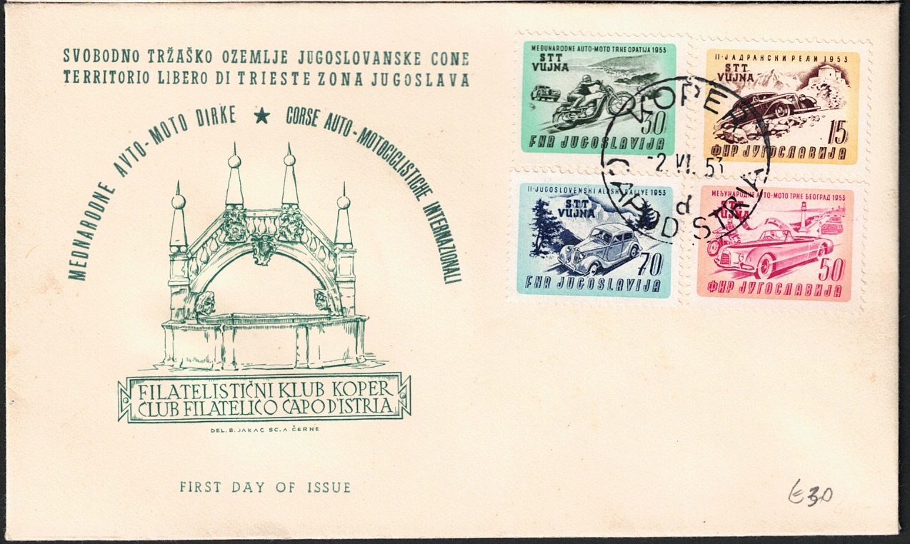 85 1953 Trieste B, Corse Automobilistiche, # 85/88 su Busta FDC - immagine 1