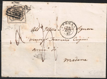 1852 Stato Pontificio, 8 baj bianco su busta per Modena 14/08/1867