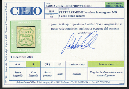 1859 Parma, Governo Provvisorio, 5 cent verde azzurro, Difettoso # 12, MH*