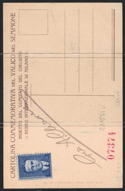 1910 Italia, Cartolina Ufficiale Commemorativa Valico Sempione, Codognato
