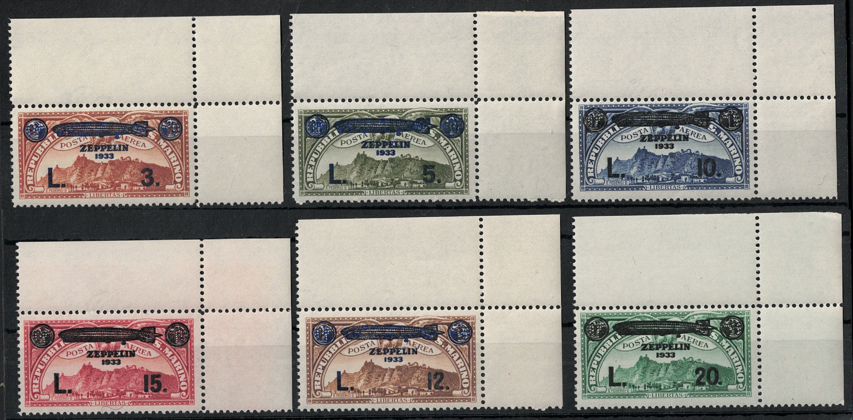 1933d 1933 SAN MARINO, Posta Aerea # A11/A16, Crociera Zeppelin, MNH** - immagine 1