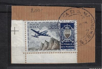 1954 SAN MARINO, Posta Aerea, n. 112, Aereo Veduta e Stemma, USATO su frammento