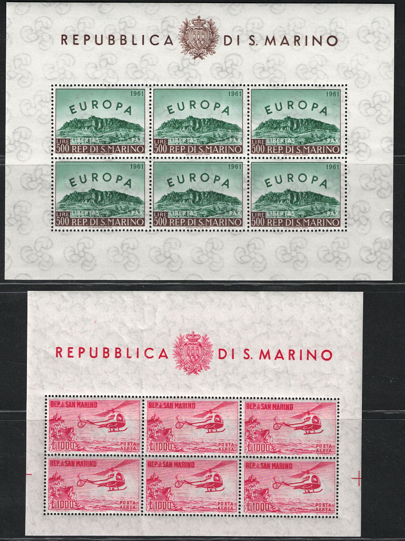 22-23 1961 San Marino, Foglietti Elicottero + Europa # 21-22, MNH** - immagine 1